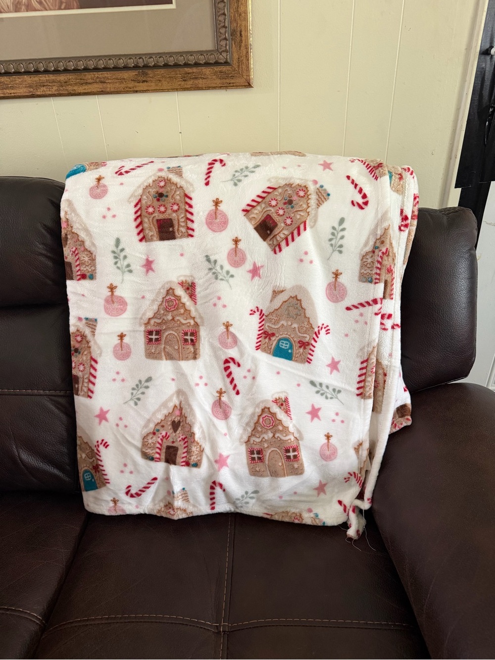 Artisan Gingerbread House Holiday Throw Blanket - White, Pink, Brown